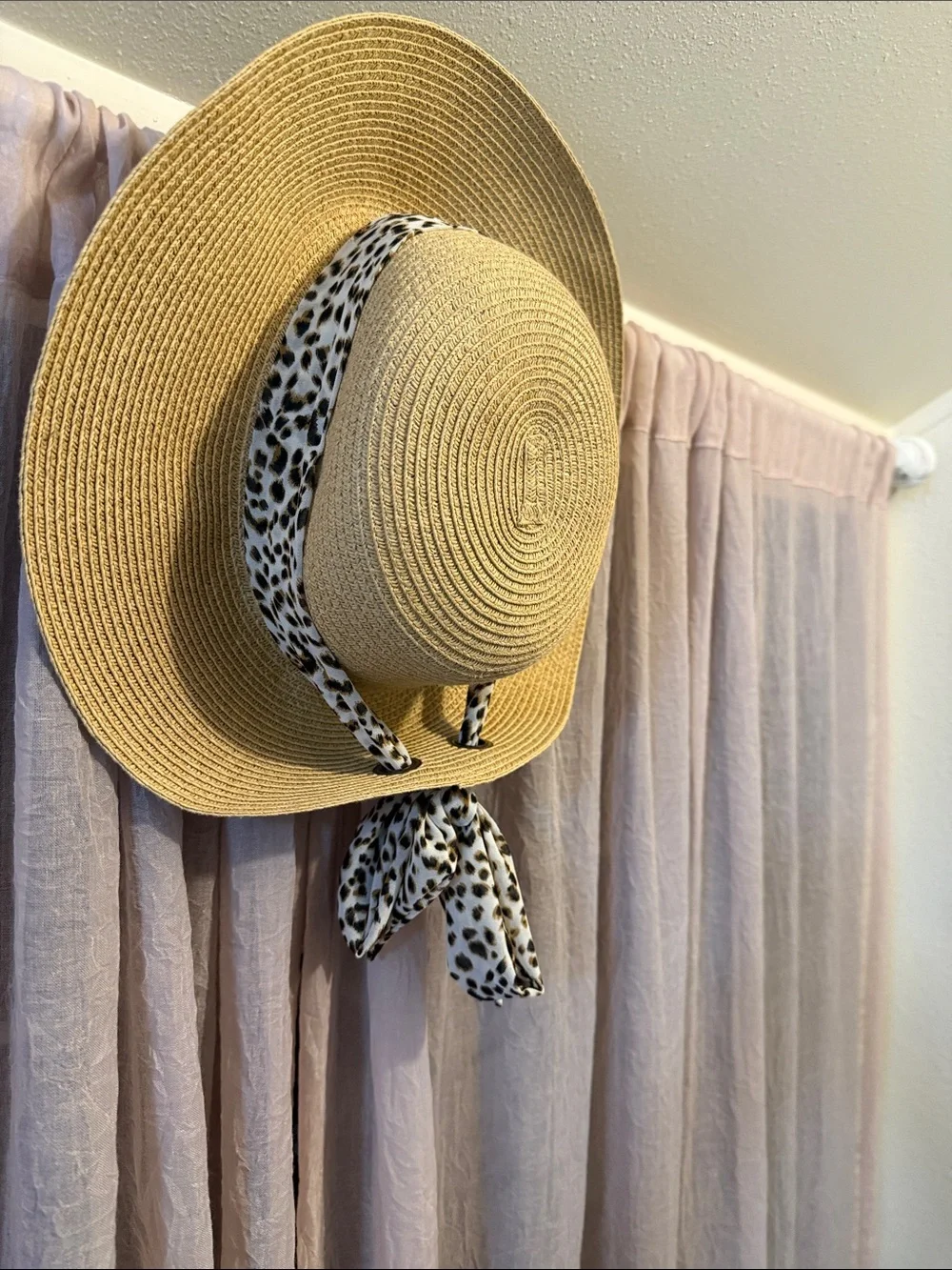 Nine West Wide Brim Straw Sun Hat with Leopard Scarf